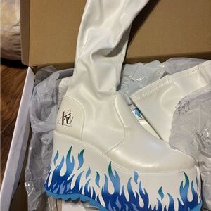 White Platform Boots with Blue Flame Design